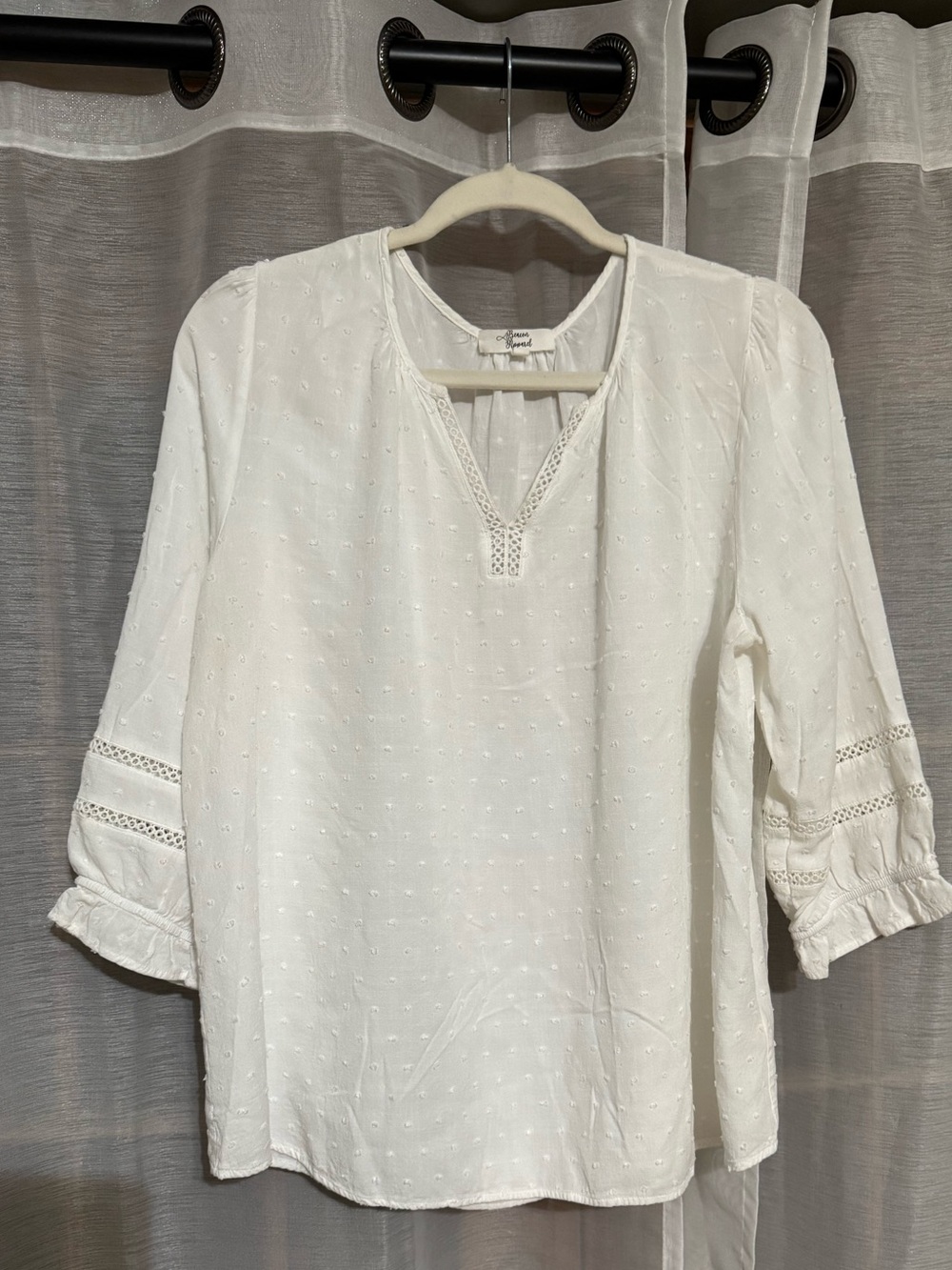 Beacon White Swiss Dot Peasant Blouse with Crochet Trim